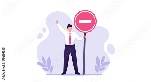 Man holding a prohibition sign, representing a concept of restriction, denial, or disapproval