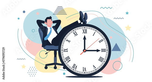 Business professional relaxing in office chair with feet up on a large clock, symbolizing efficient time management and work-life balance