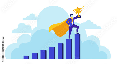 Successful businessman standing on graph steps holding trophy celebrating victory and achievement, illustration