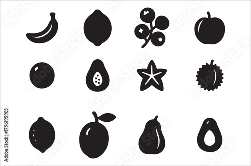 Black silhouettes of various fruits and a star fruit on a white background
