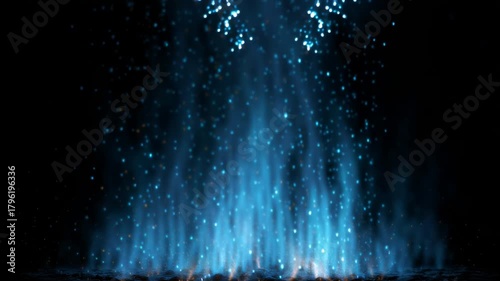 Mystical blue fire particle rising and glowing on dark night abstract background, an enchanting and powerful display of supernatural energy