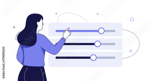 Woman adjusting sliders on a settings panel, representing customization and user interface control
