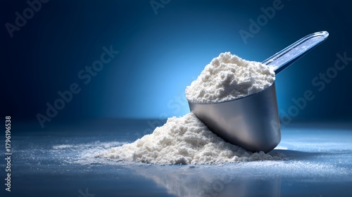 Scoop filled with white powder rests on a reflective surface against a deep blue background