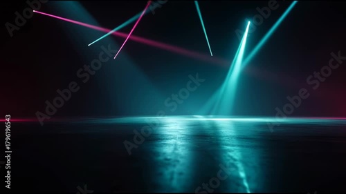 Vibrant futuristic pink stage featuring bright glowing neon light background with energetic abstract spotlights and dynamic blue laser reflections