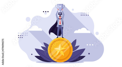 Successful Businessman Celebrating Victory with Trophy on a Giant Gold Coin Medal Surrounded by Stylized Plant Elements