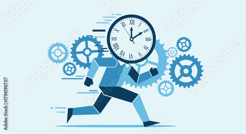 Illustration of a stylized person with a clock face for a head, running with gears in the background, symbolizing time management and efficiency