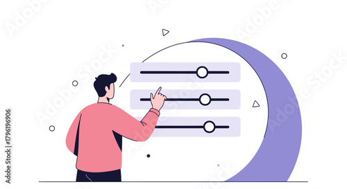 Modern illustration of a person adjusting sliders on a control panel for settings and customization