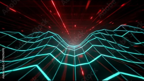 Dynamic, high speed flying through an intense futuristic digital grid. An endless virtual cyberspace with abstract red technology lights