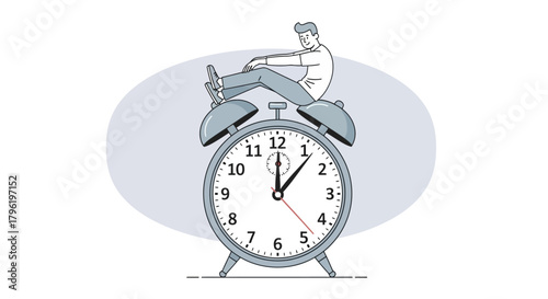 Man sitting on a giant alarm clock, symbolizing urgency and time management challenges