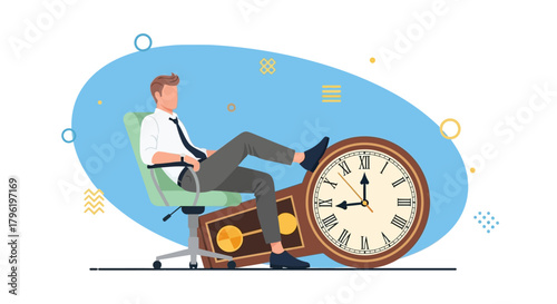 Businessman relaxing on office chair with feet up on a clock, symbolizing time management and productivity