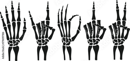Black skeleton hand gesture illustration showing various bone finger positions and symbolic signs, detailed anatomical vector design for creative conceptsBlack skeleton hand gesture 