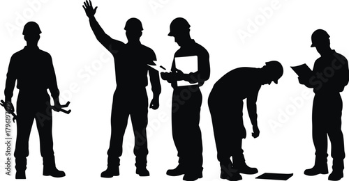 Black silhouette illustration of construction workers performing various tasks, holding tools, reading plans, and communicating on site, detailed vector design
