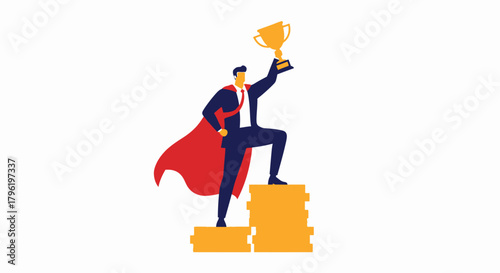 A triumphant businessman wearing a superhero cape stands on a stack of coins, holding a golden trophy above his head, symbolizing success and achievement