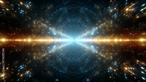 Dynamic abstract futuristic background of glowing particle energy. Awe inspiring technology and vibrant light create blue and gold cosmic explosion