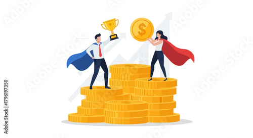 Successful business people achieving financial success and rewards, celebrating victory and wealth with coins and trophies
