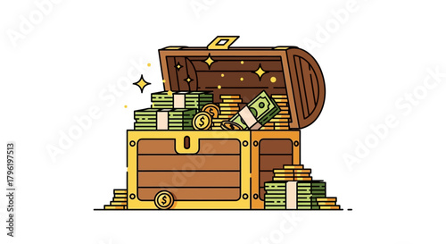 Treasure chest overflowing with stacks of cash and gold coins, symbolizing wealth and financial success