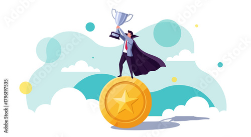 A triumphant figure stands atop a golden coin, raising a trophy, symbolizing achievement and victory with clouds in the background