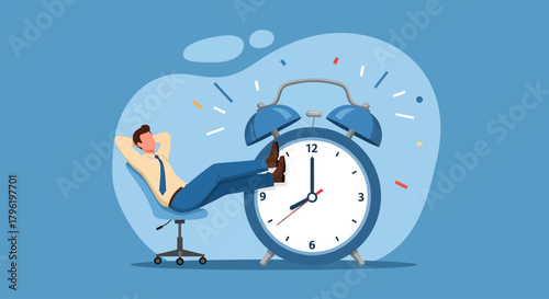Relaxed Businessman Leaning Back in Office Chair with Feet Up next to a Large Ringing Alarm Clock
