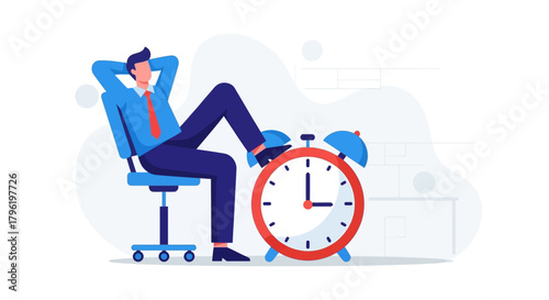 Man relaxing in office chair next to a clock, symbolizing productivity and time management