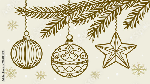 Luxurious gold Christmas ornaments including snowflakes, stars, and pearls glowing against a deep midnight blue background.