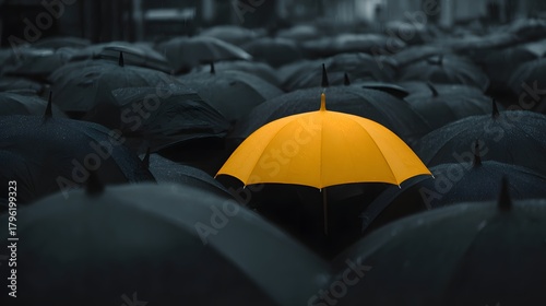 One bright yellow protection stands out among a crowd of dark ones in an urban setting