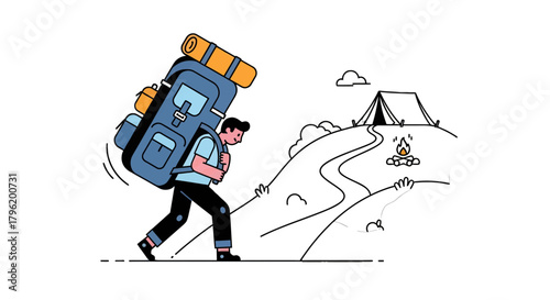 Adventurer Ascends Toward Campsite Amidst Vast, Stark Landscape Under Cloudy Skies