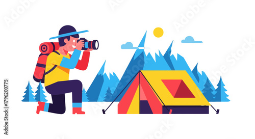 Adventurer Capturing Mountain View: Camping and Photography Illustration for Travel