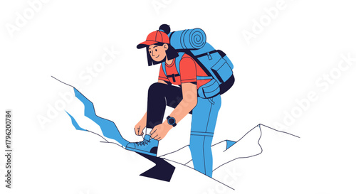 Adventurer Prepares To Hike, Lacing Boots Amidst Mountain Peaks And Exploration