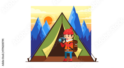 Adventurer Capturing Mountain Scenery With Professional Gear During Sunset Expedition