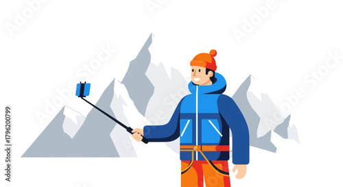 Adventurer Capturing Mountain View with Selfie Stick Vector Illustration