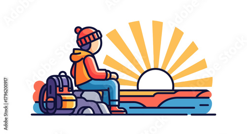 Adventurer Contemplating Serene Sunset with Backpack against a Dark Black Background