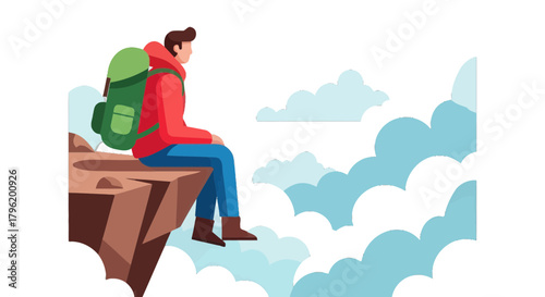 Adventurer Contemplating the Vastness, Serene Vista Above the Cloud Level with Backpack