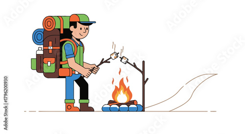 Adventurer Roasting Marshmallows Over a Campfire Under the Night Sky for a Meal