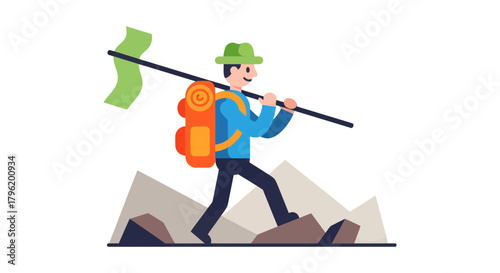 Adventurer Scaling Mountain Ridge With Backpack And Expedition Flag With Black Background