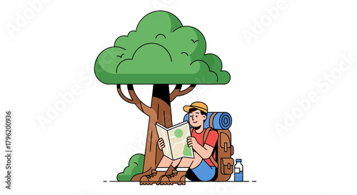 Adventurer Resting Under A Tree While Viewing The Map For Navigation Purpose