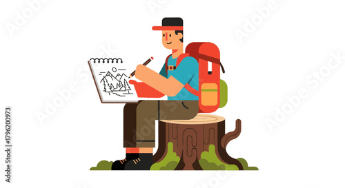 Adventurer Sketching Nature's Beauty in a Stylized Illustration on a Black Background