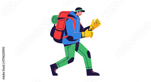 Adventurer Embarking On Expedition, Cartoon Illustration Over Black Background