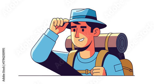 Adventurer Smiling and Greeting While Hiking with Backpack in an Illustrated Style