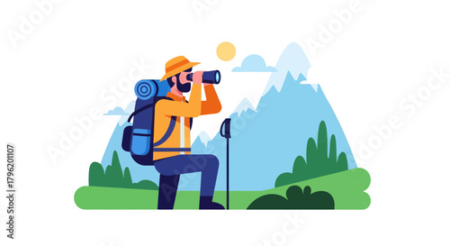 Adventurer Staring Through Binoculars While Enjoying Expedition In Mountainous Region