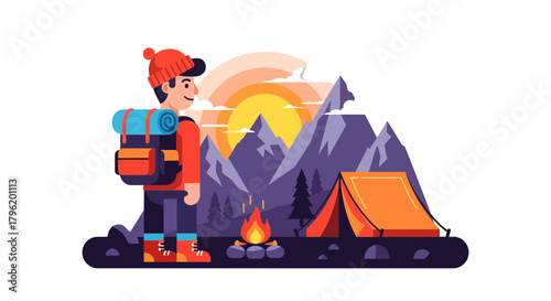 Adventurer Staring At The Sunrise Camped Beside A Mountain Range At Dusk