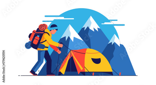 Adventurer Erecting Tent At The Base Of Mountains Under A Cool Summer Evening Sky