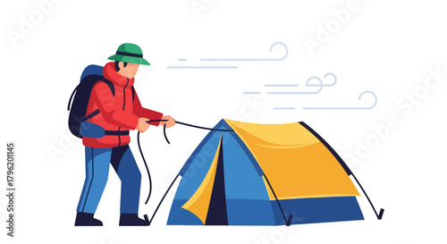 Adventurer Erecting Tent Outdoors Amid Windy Conditions For A Camping Expedition Setup.