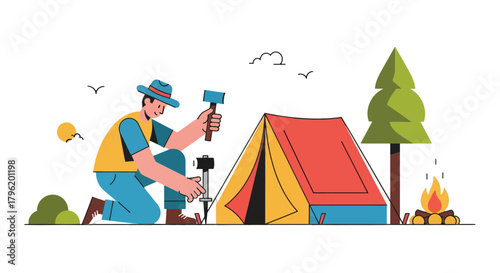Adventurer erecting a vibrant tent in a picturesque scenic illustration for outdoor recreation