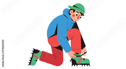 Adventurer Tying Boots in Modern Flat Vector Style on Dark Background Without Constraints