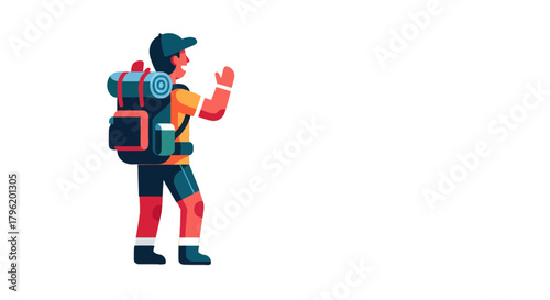 Adventurer Hiking Towards The Horizon With Backpack In An Artistic Minimalist Style