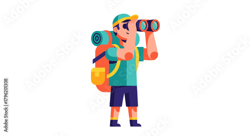 Adventurer Using Binoculars to Explore the Landscape with a Backpack in Detailed Image