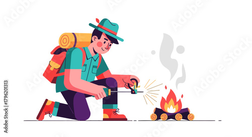 Adventurer Ignites Campfire Amidst Darkness in Colorful Illustration Style