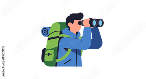 Adventurer Using Binoculars to Explore the Nature in the Open, Seeking and Watching