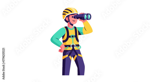 Adventurer Using Binoculars to Survey the Area and Planning Their Route Ahead Actively