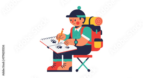 Adventurer Illustrating Animal Tracks While Hiking In Wilderness With Camping Gear